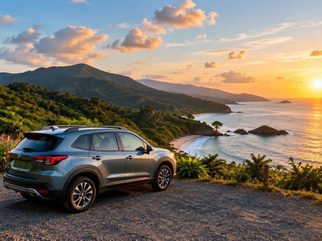 Rental SUV overlooking Costa Rica's mountainous Pacific coast