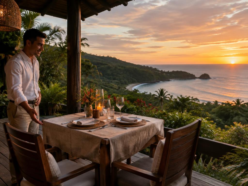 Restaurant table overlooking Costa Rica's Pacific coast at sunset